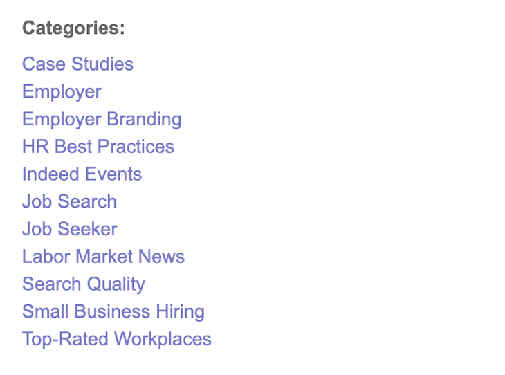 Indeed’s blog categories related to job search and hiring.