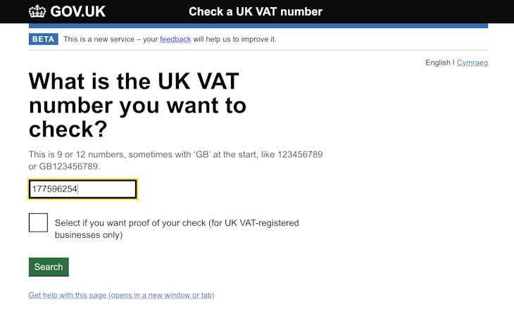 Check a UK VAT number with the official online service