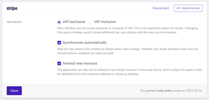 VAT rate synchronization settings for the Stripe integration